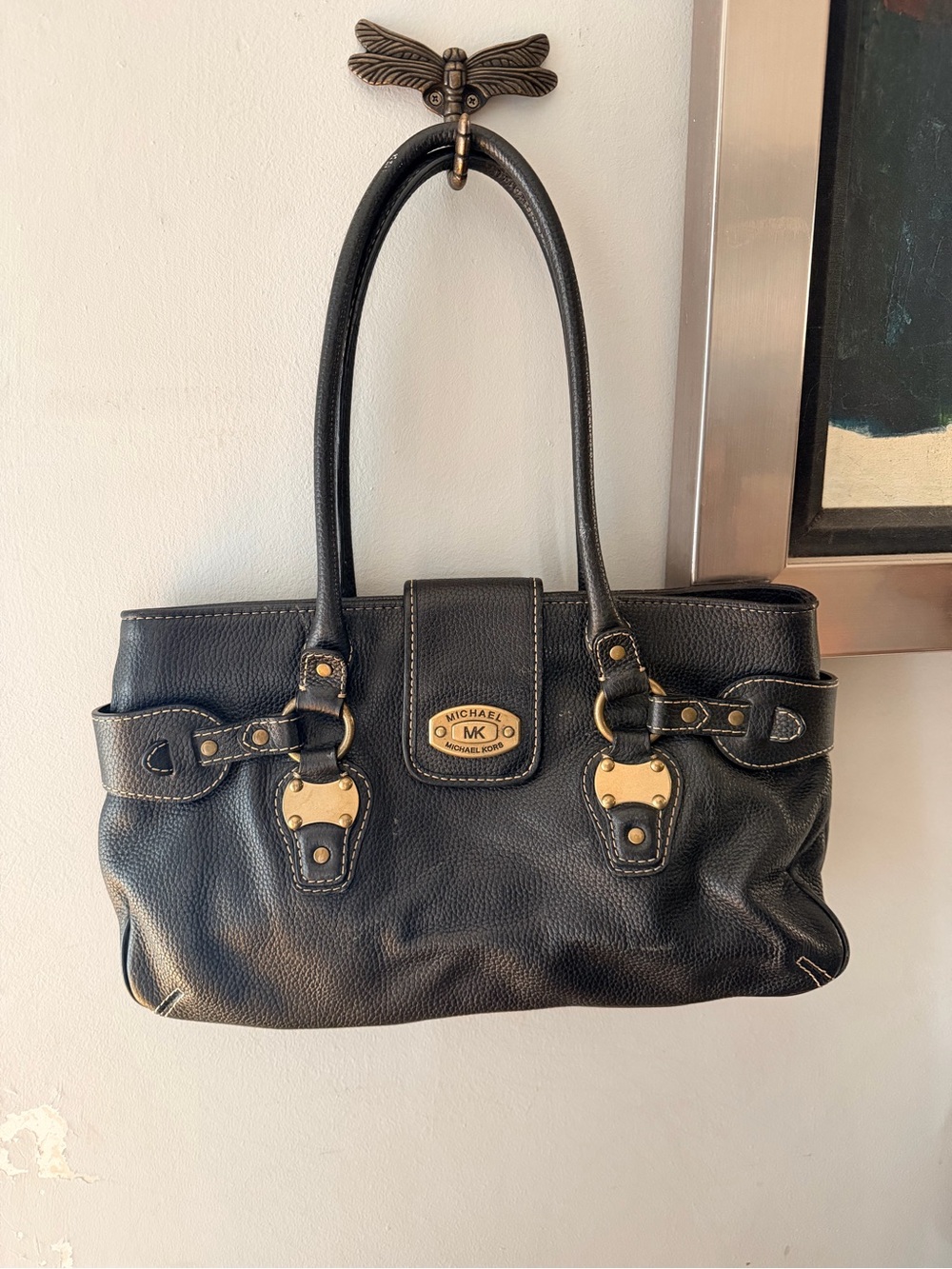 Michael Kors Black Leather Shoulder Bag with Gold Hardware